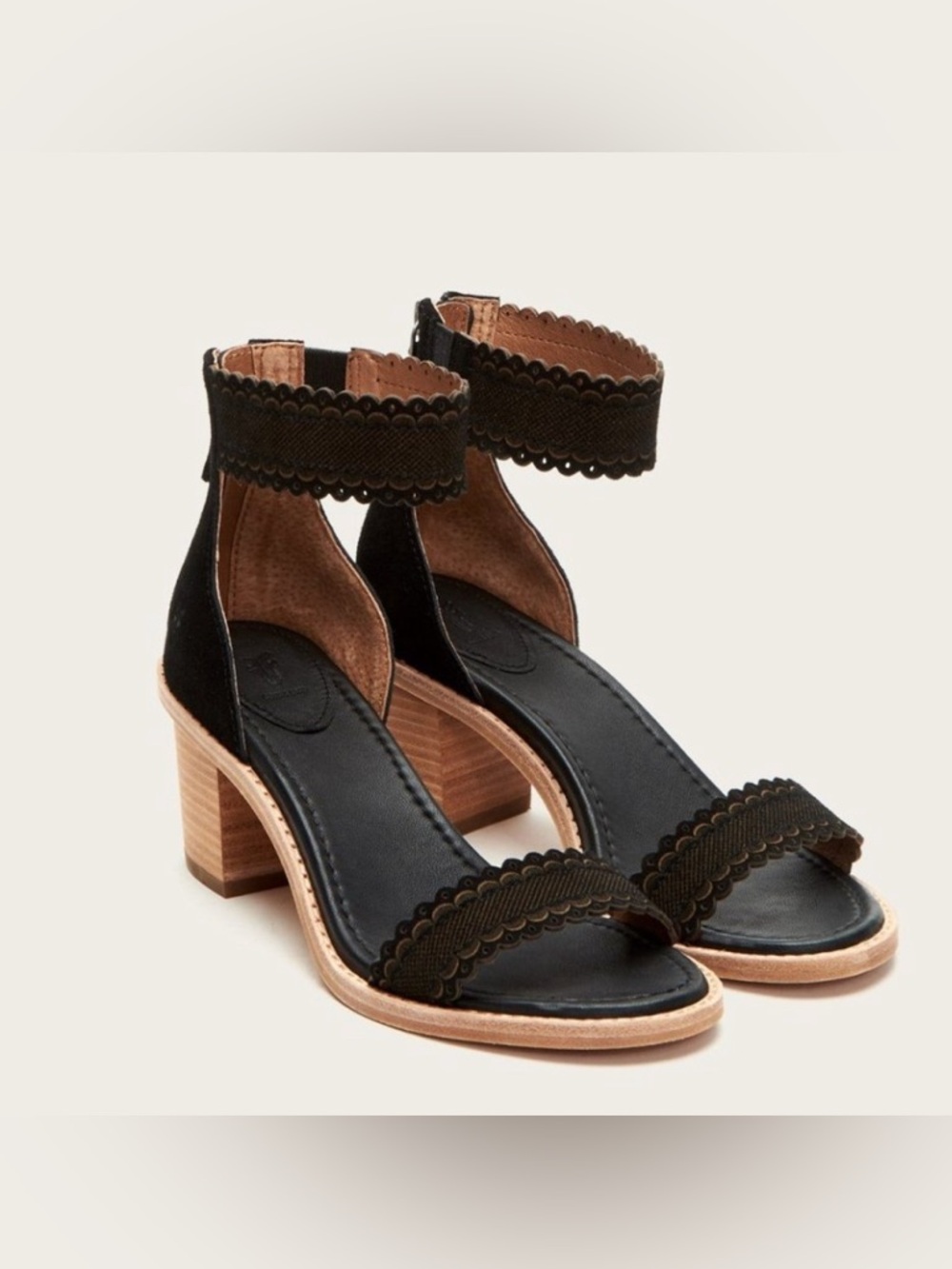FRYE Brielle sandals scallop block heel black suede US 8
